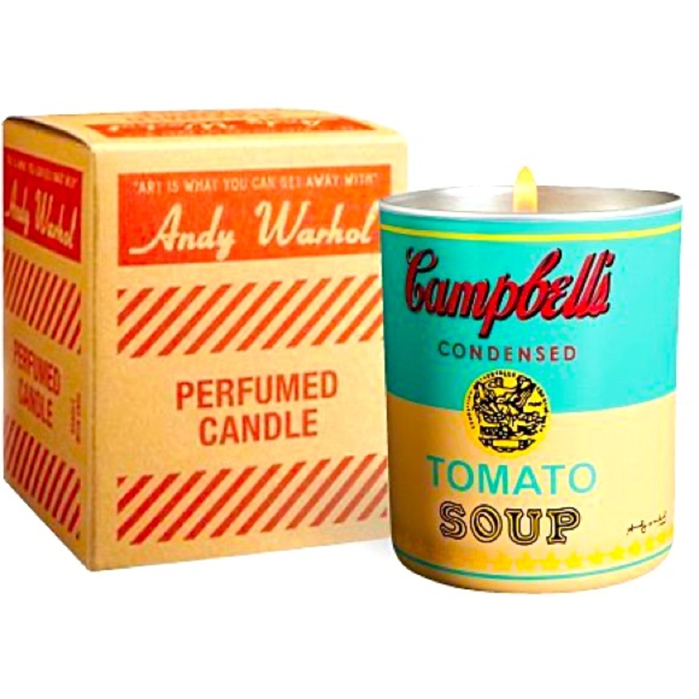 New in Box Andy Warhol Campbell Soup turquoise/yellow “POP WOOD” candle FRANCE